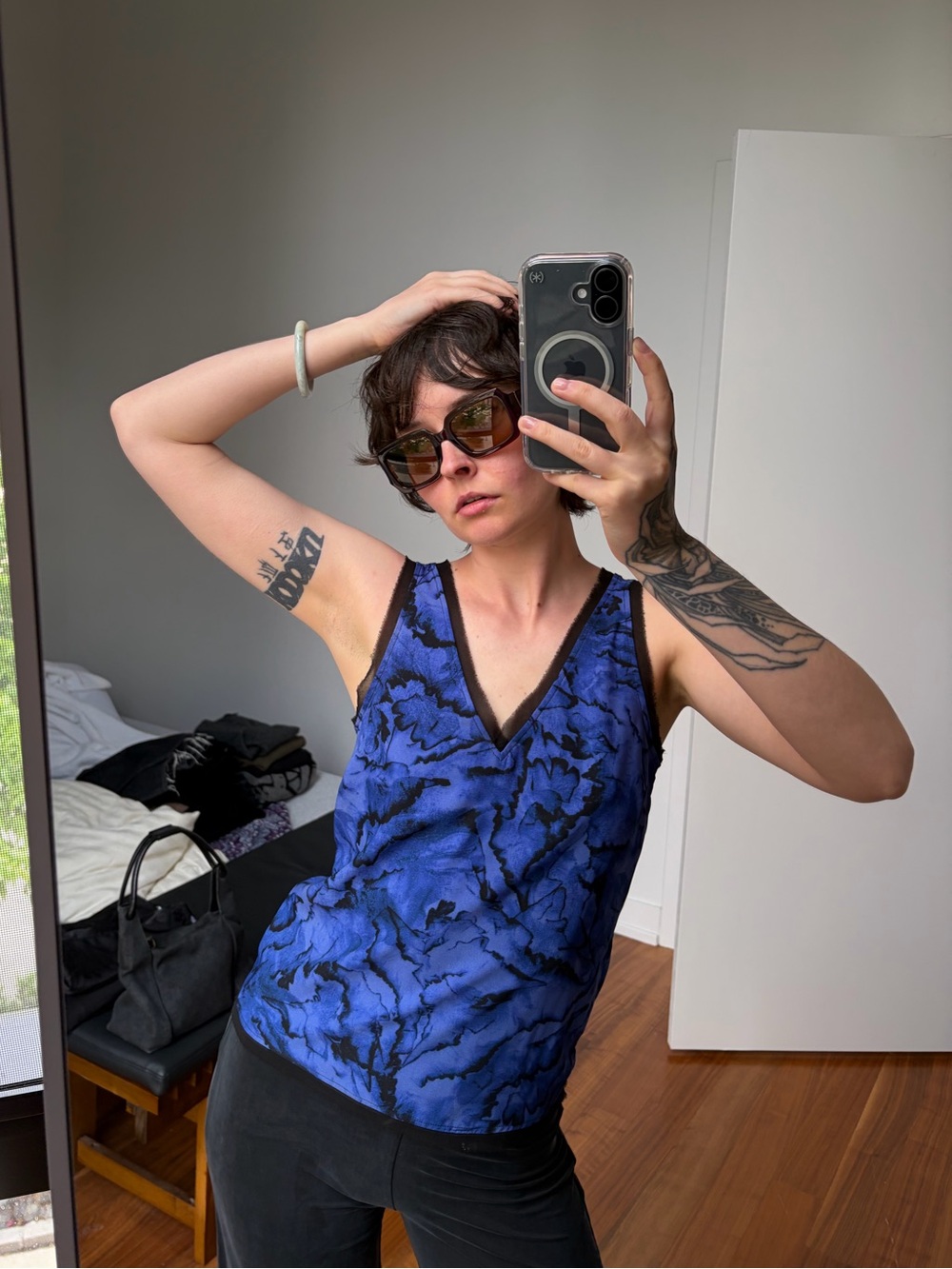 Blue V-Neck Patterned Sleeveless Top